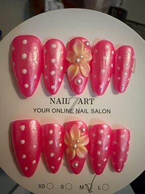 Pink Polka Dot handmade acrylic Press-On Nails with 3D Flower Accent